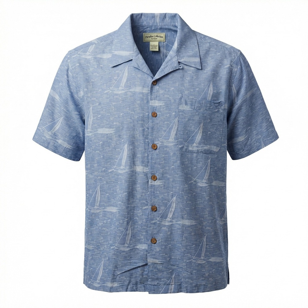 Paradise Collection by Cezani 100% Silk Aloha Shirt Large Blue Sailboat Nautical